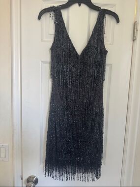 J Kara Gray Beaded Fringe V-Neck Mini Dress